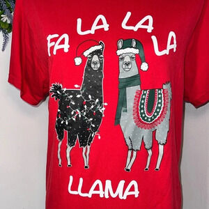Unisex XL, Red Holiday graphic T-shirt fa la la la llama,